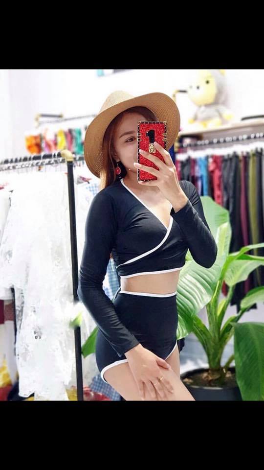 Bikini hai mảnh nữ dài tay buộc nơ bụng kín đáo nữ tính chất thun lạnh có sẵn mút độn ngực ( Hàng loại 1)