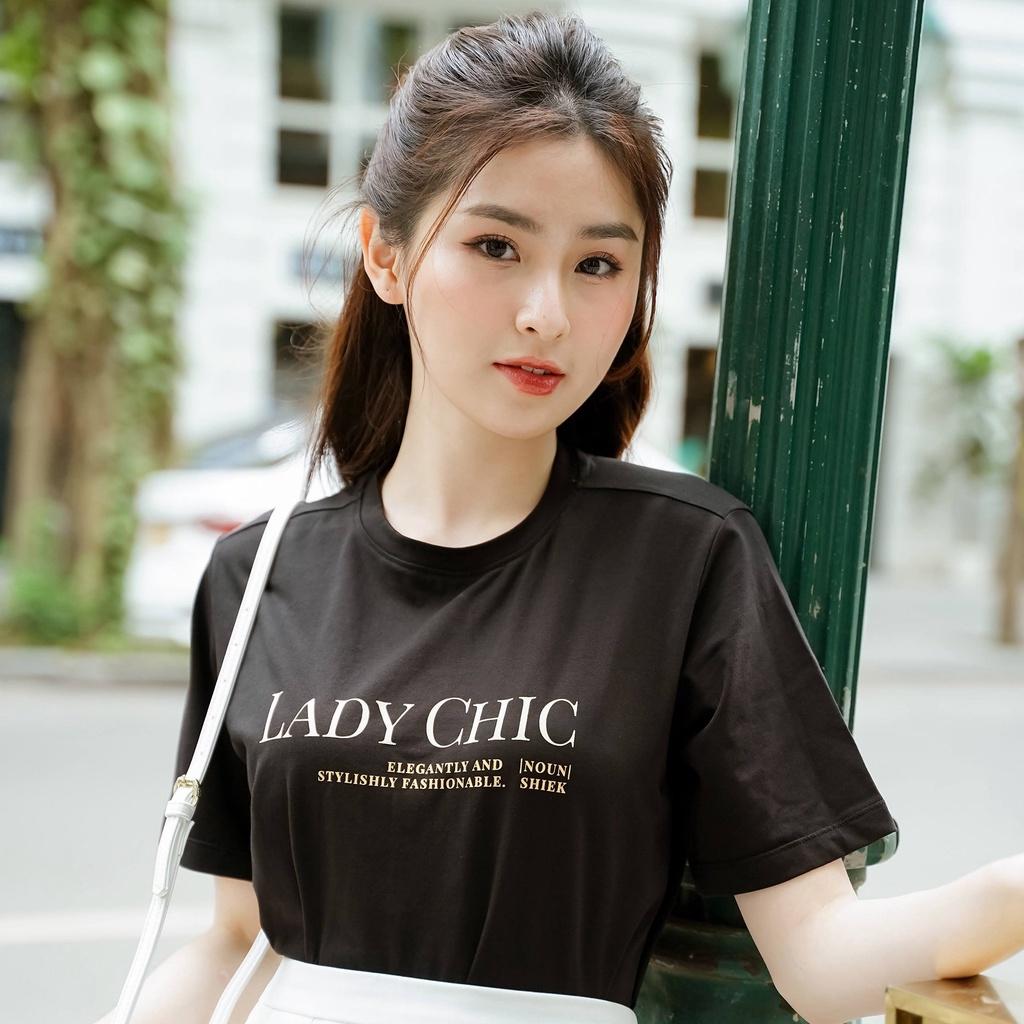 Áo thun tay lỡ Méo shop cổ tròn cotton in chữ Lady Chic freesize form rộng