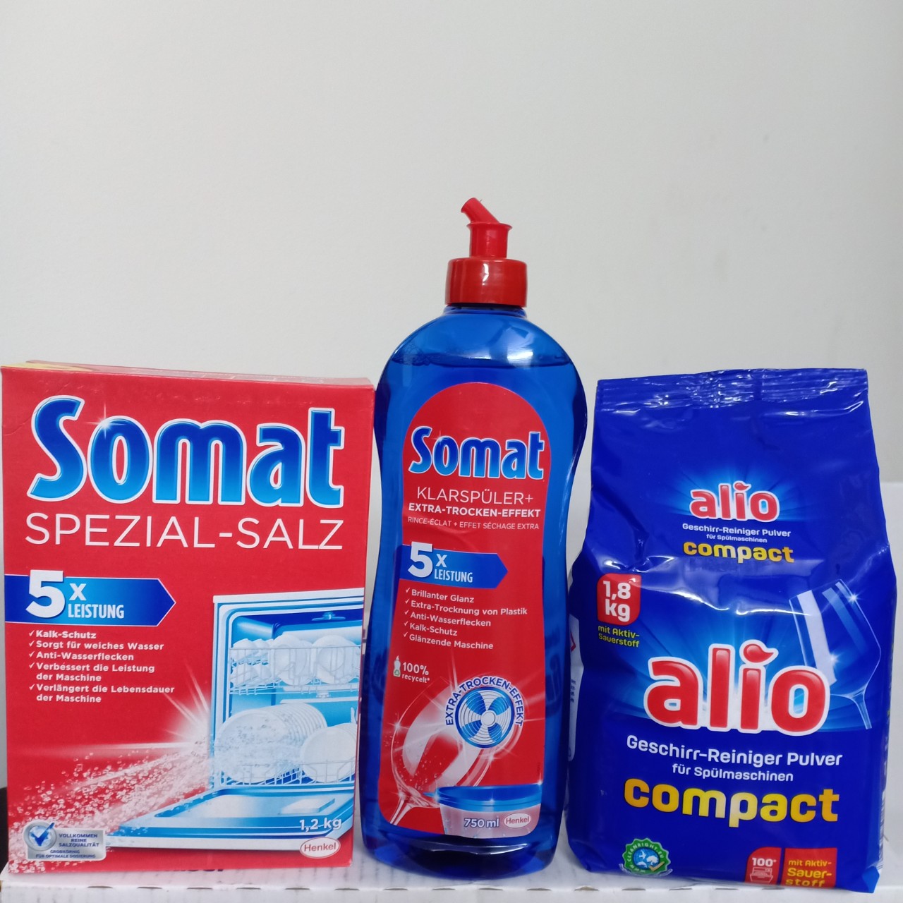 Combo muối rửa bát, bôt rửa bát alio, nước làm bóng somat 750ml