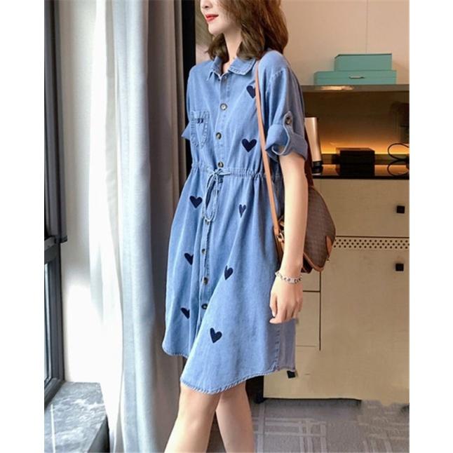HÀNG NHẬP - ĐẦM JEAN SƠ MI EO RÚT DÂY HỌA TIẾT TRÁI TIM