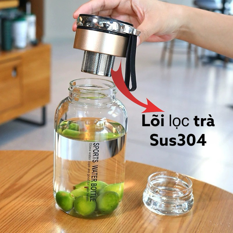 Bình Nước Thủy Tinh Dung Tích 750,1000,1200,1500ml Tiện Lợi, Có Lọc Bã Trà, Tặng Kèm Túi Vải Cách Nhiệt