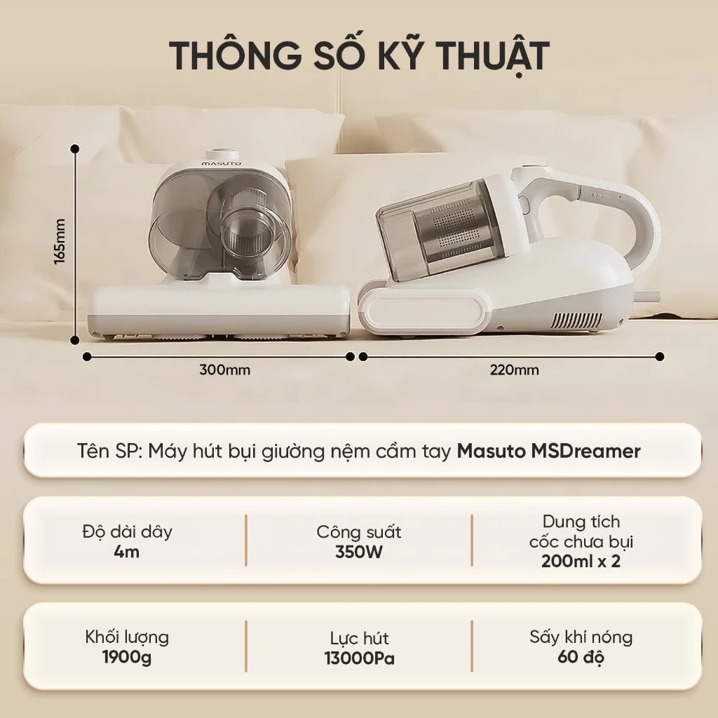 Máy hút bụi giường nệm cầm tay Masuto MSDreamer - UV diệt khuẩn, 2 buồng lọc bụi Cyclone Hepa, lực hút mạnh 13000Pa - Hàng chính hãng