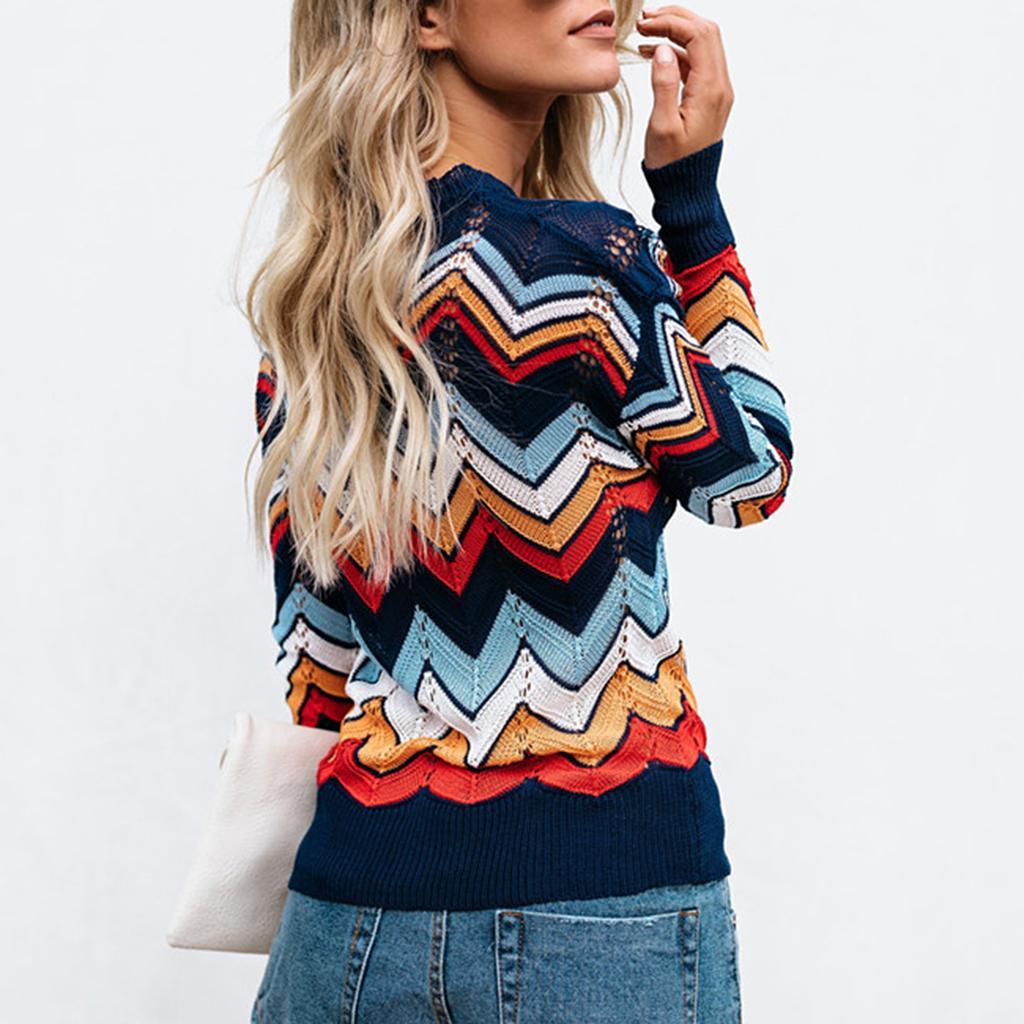 Women's Round Neck Striped Pullover Top Knitted Casual Thin Sweater Coat