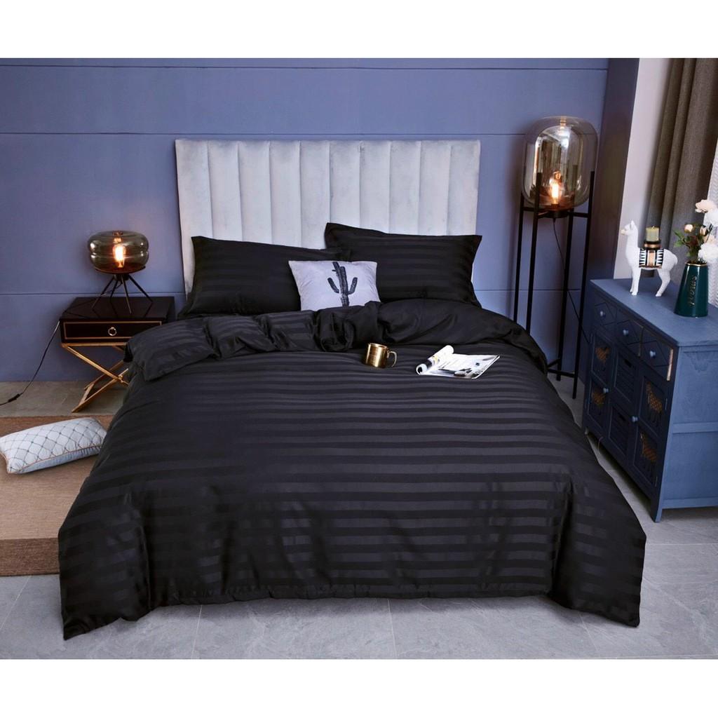 Bộ 4 Món Ga Gối SỌC 3F Vải Cotton Lụa Hàng Chuyên Cho Gia Đình Và Khách Sạn - Xám Đen