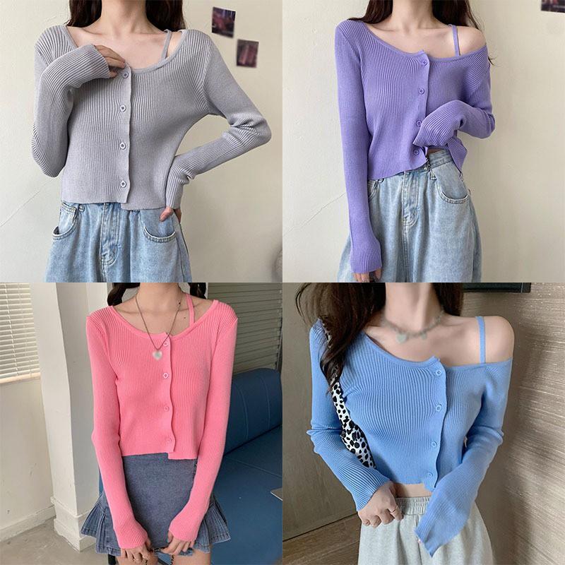 Áo Cardigan Dệt Kim Tay Dài Thiết Kế Lệch Vai Quyến Rũ Cho Nữ