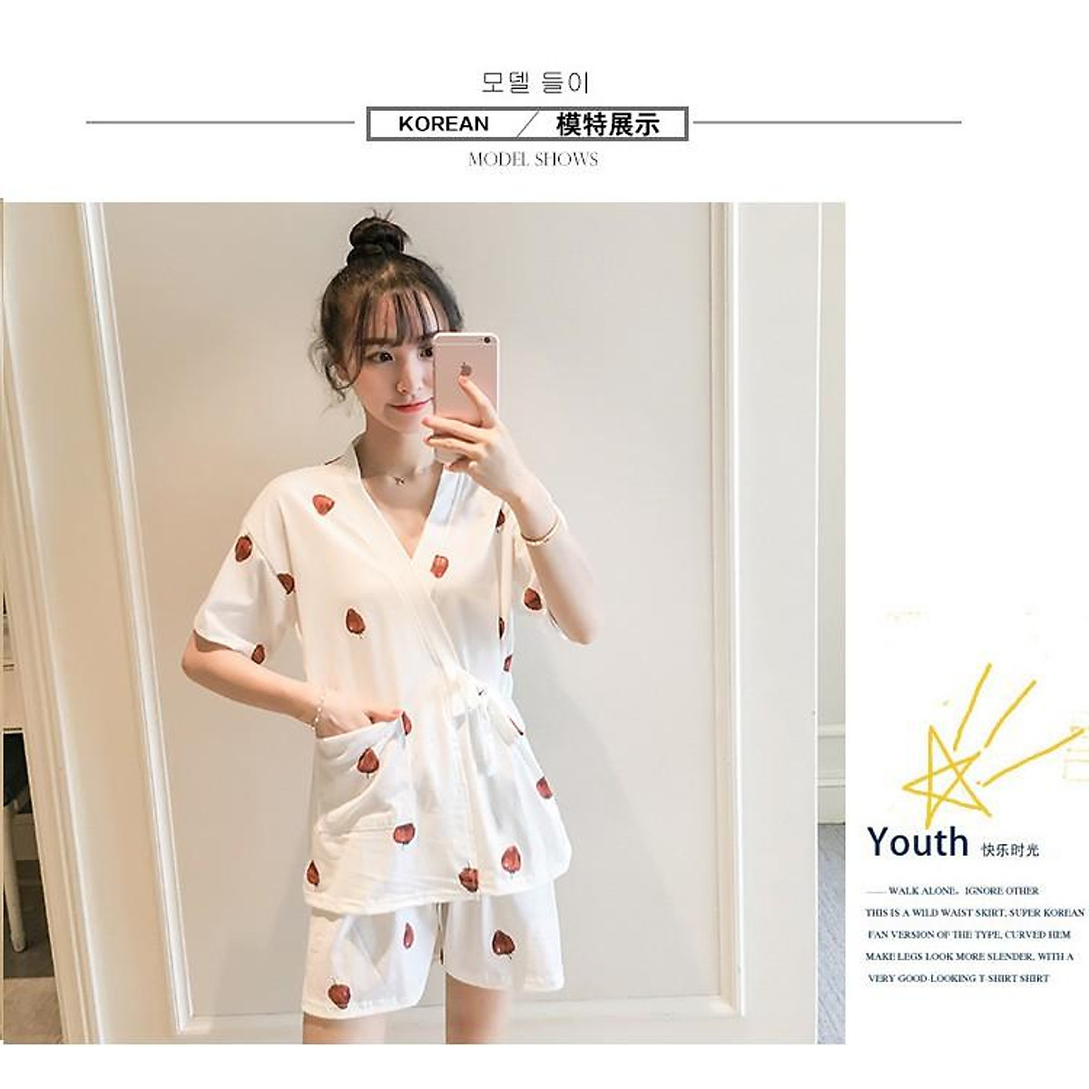 Bộ pijama Đùi Mặc Nhà Kèm Băng Đô Phong Cách HÀN chất thun cotton dày dặn co giãn và thấm mồ hôi tốt,nền vải trắng họa tiết trái dâu nổi bật, phong cách thời trang trẻ trung,xinh xắn và sang trọng.