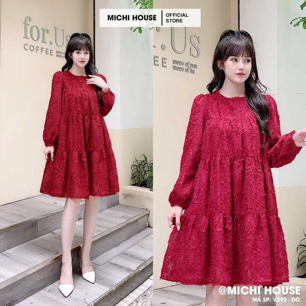 Đầm Suông Babydoll Đỏ Kem MICHI House Váy Xuông Rộng Dài tay Cổ tròn Freesize Dễ Mặc Xinh V291