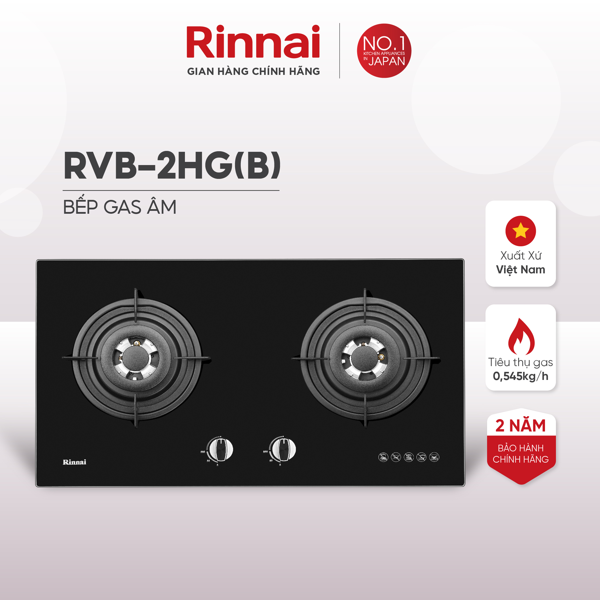 Bếp gas âm Rinnai RVB-2HG mặt bếp kính kiềng bếp gang - Hàng chính hãng.