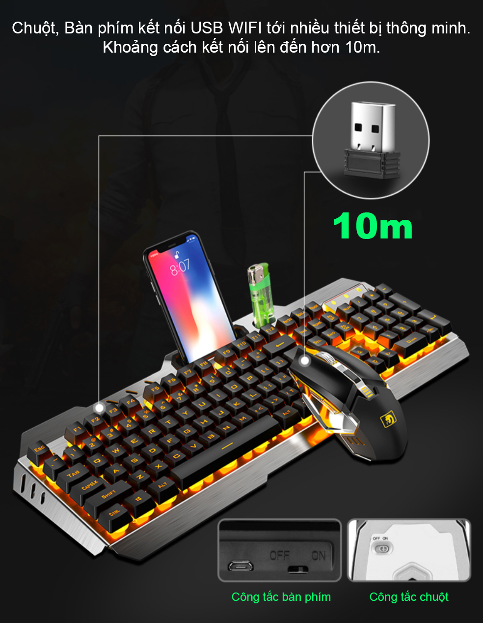 Bộ Bàn Phím + Chuột game Wireless có Pin Sạc và Ánh sáng - A670