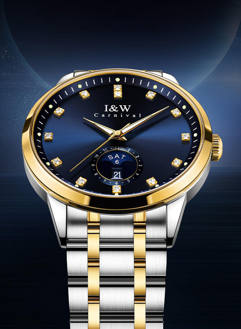 Đồng hồ nam chính hãng I&amp;W Carnival 625G-T2 hàng mới fullbox,kính sapphire,chống xước,chống nước 50m,Bh 24 tháng,máy cơ (automatic),mạ vàng dây thép không gỉ