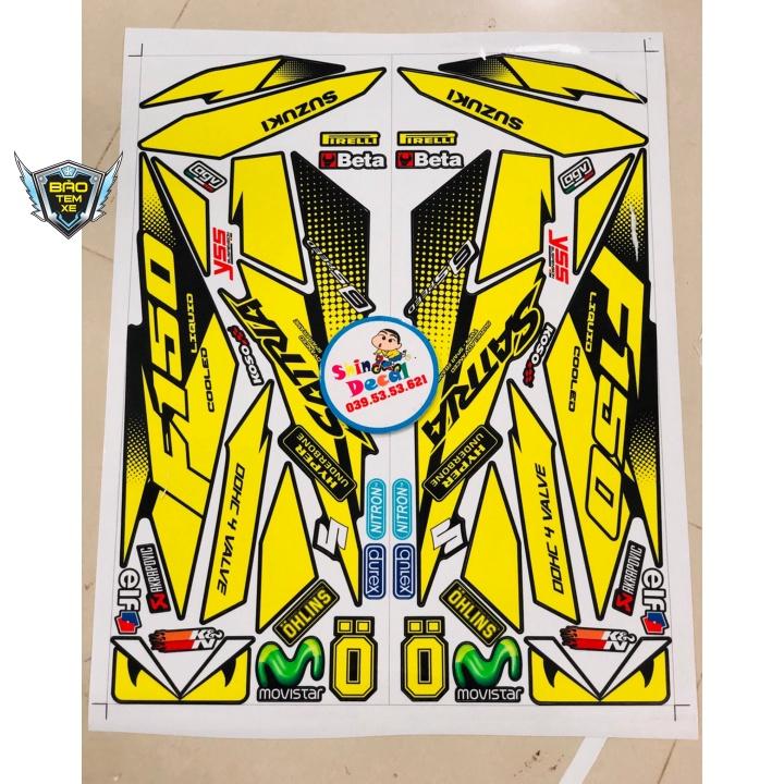 Tem xe Satria fi vàng dán xe đen