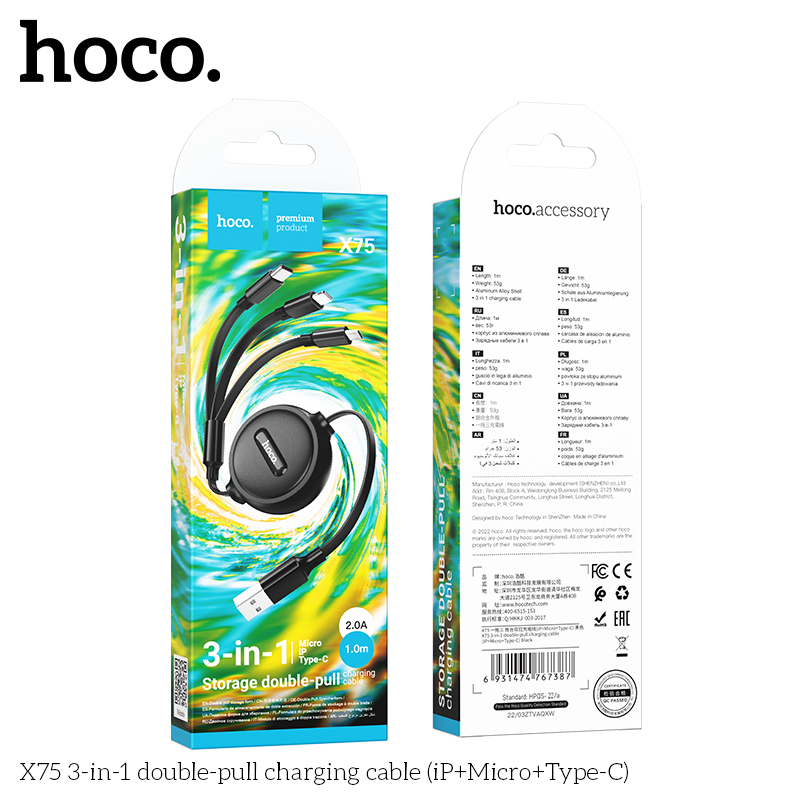 Dây sạc nhanh 3 đầu 2A hàng chính hãng Hoco X75 3in1 dây rút dẹt đa năng chất liệu TPE dài 1M Hoco Mall