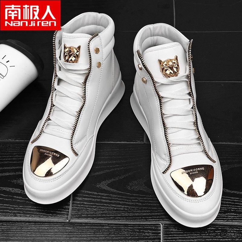 Antarctic trend brand small white shoes men's 2022 summer new black minority leisure British high-top leather shoes European station - Black