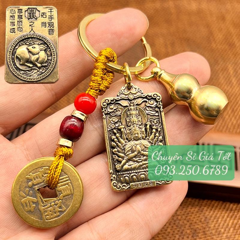 Móc Khóa 3 Món Dây Vàng 5 Đồng Xu,Quả Bầu Rỗng Mix Thẻ Bài 2 Mặt 8 Vị Phật Hộ Mệnh Phù Trợ 12 Con Giáp
