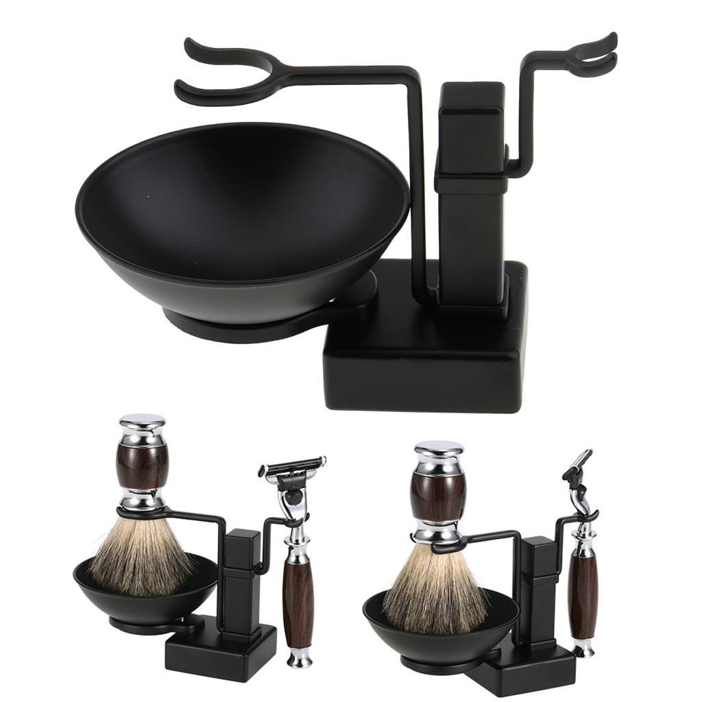 Men Alloy Beards Moustache Shaving Brush Bowl Stand Holder Set Black