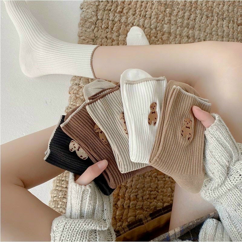 Set 5-10 Đôi Tất Nữ Cổ Cao, Tất Nữ Hoạt Tiết Gấu Siêu Cute, Tất Cao Cổ Mềm Mịn, Đẹp