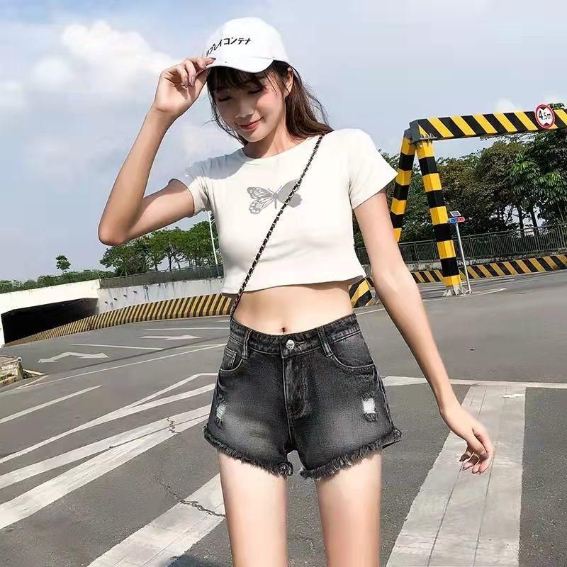 Quần Short Denim Siêu Mỏng Dáng Chữ a Ống Rộng Phối Rách Đính Hạt Cho Nữ