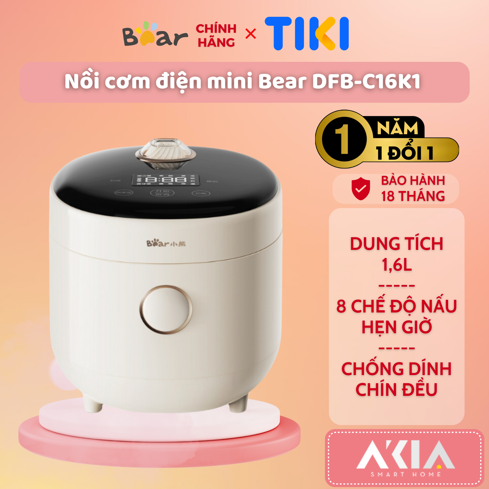 Nồi cơm điện mini 1.6L Bear DFB-C16K1 - 8 chế độ nấu ăn, hẹn giờ, nồi chống dính, chín đều cơm - HÀNG CHÍNH HÃNG, BẢO HÀNH 18 THÁNG