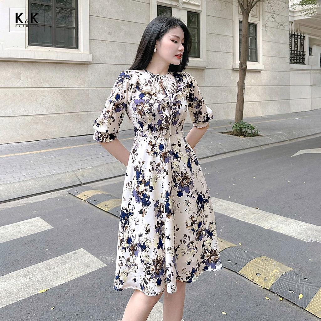 Đầm Xòe Hoa Phối Nơ Viền Bèo K&amp;K Fashion KK116-39 Chất Liệu Silk
