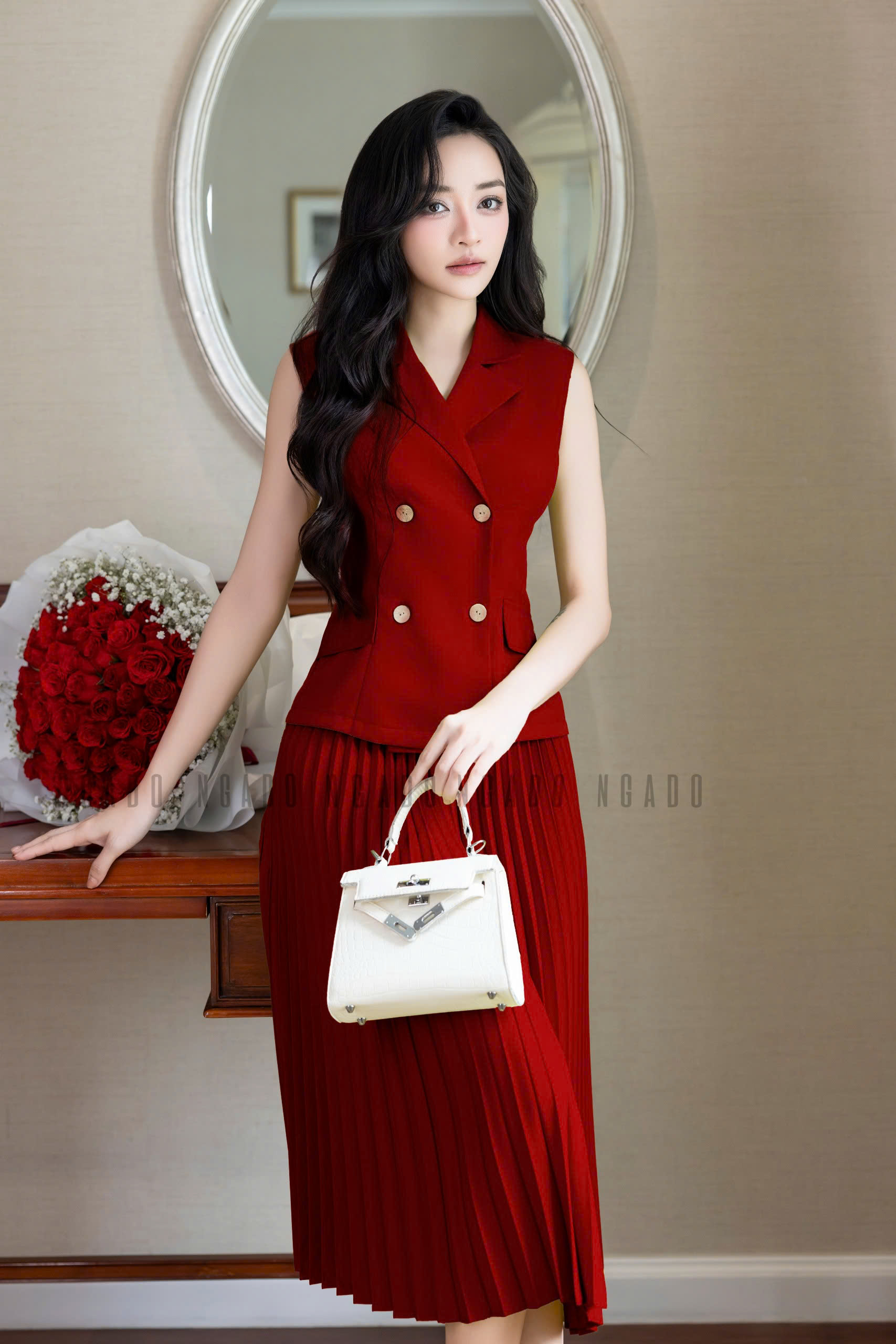 Set áo đỏ chân váy dập ly NGADO , set áo váy dài , set Nữ , set dự tiệc , công sở