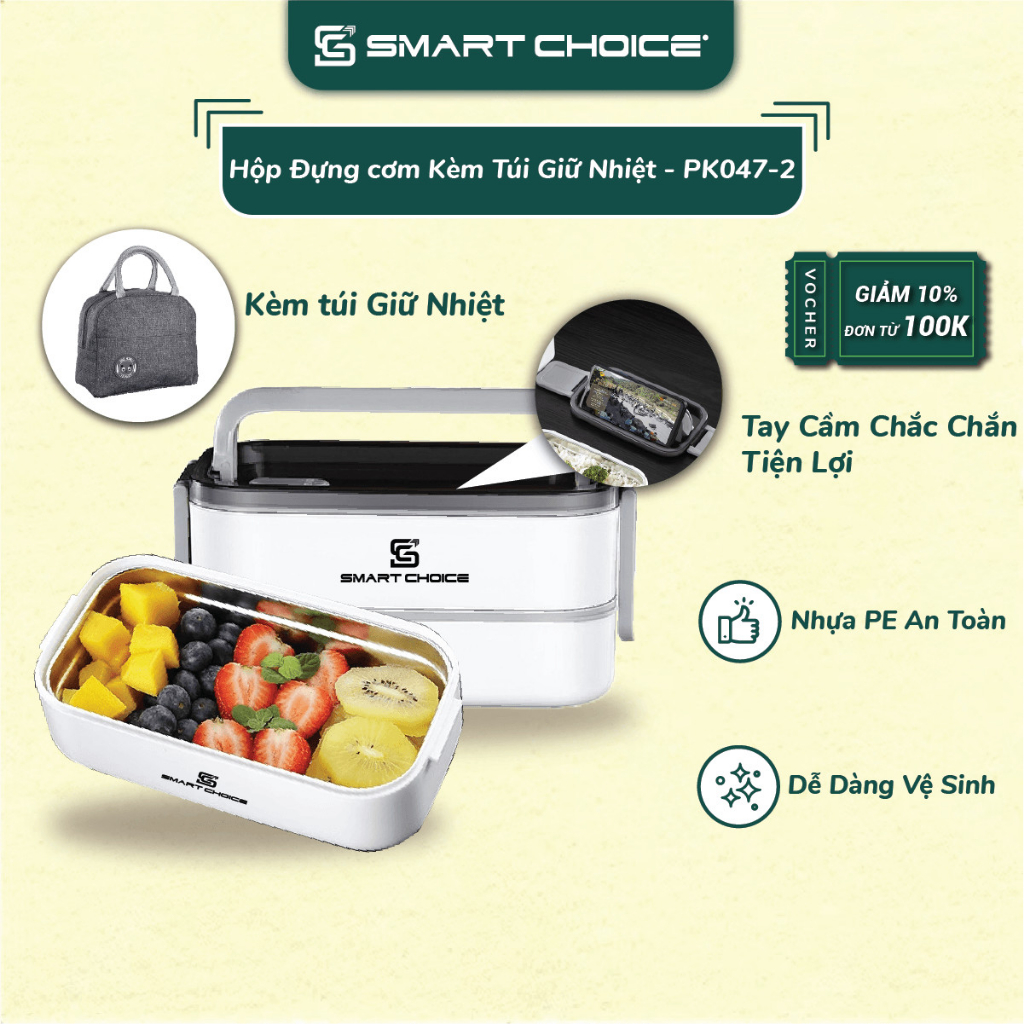 Hộp Đựng Cơm Kèm Túi Giữ Nhiệt SMARTCHOICE 2 Tầng 3 Ngăn Cao Cấp, 1 Set Tiện Lợi Đi Học Đi Làm SCG-PK046