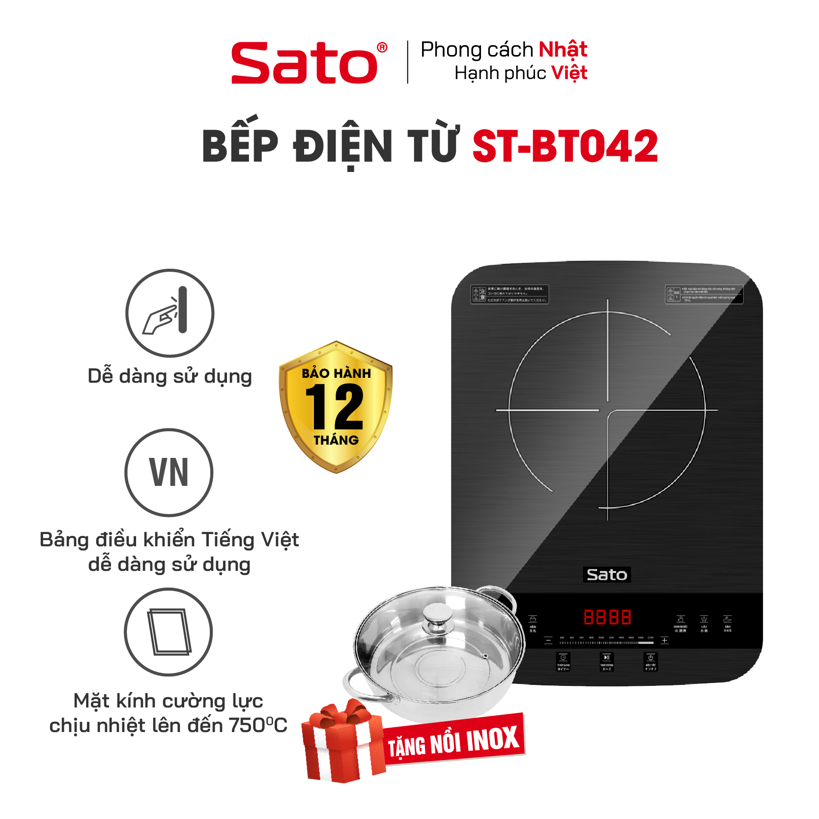 Bếp từ đơn SATO BT042 Mặt kính cường lực cao cấp chống xước, chịu nhiệt lên tới 750 °C độ bền cao và an toàn tuyệt đối - Miễn phí vận chuyển toàn quốc - Hàng chính hãng