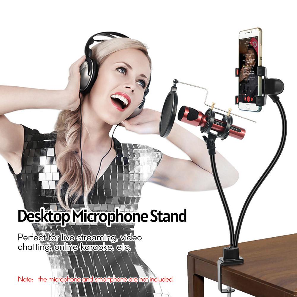 Microphone Stand 2-in-1 Mic and Smartphone Clip Holder Desktop Microphone Flexible Hose Support for Live Streaming
