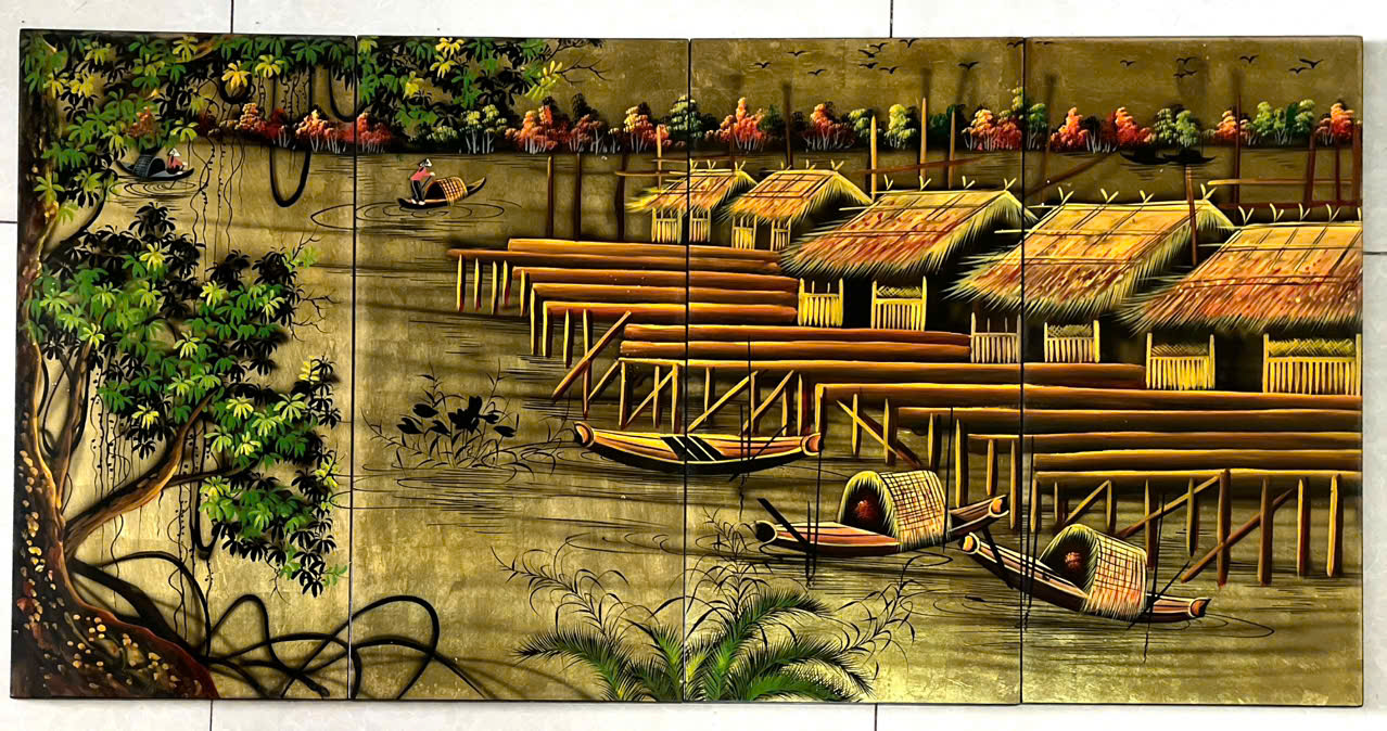 Bộ Tranh sơn mài - ĐỒNG QUÊ VIỆT NAM - Size 60x120 cm - Nền dát vàng cao cấp