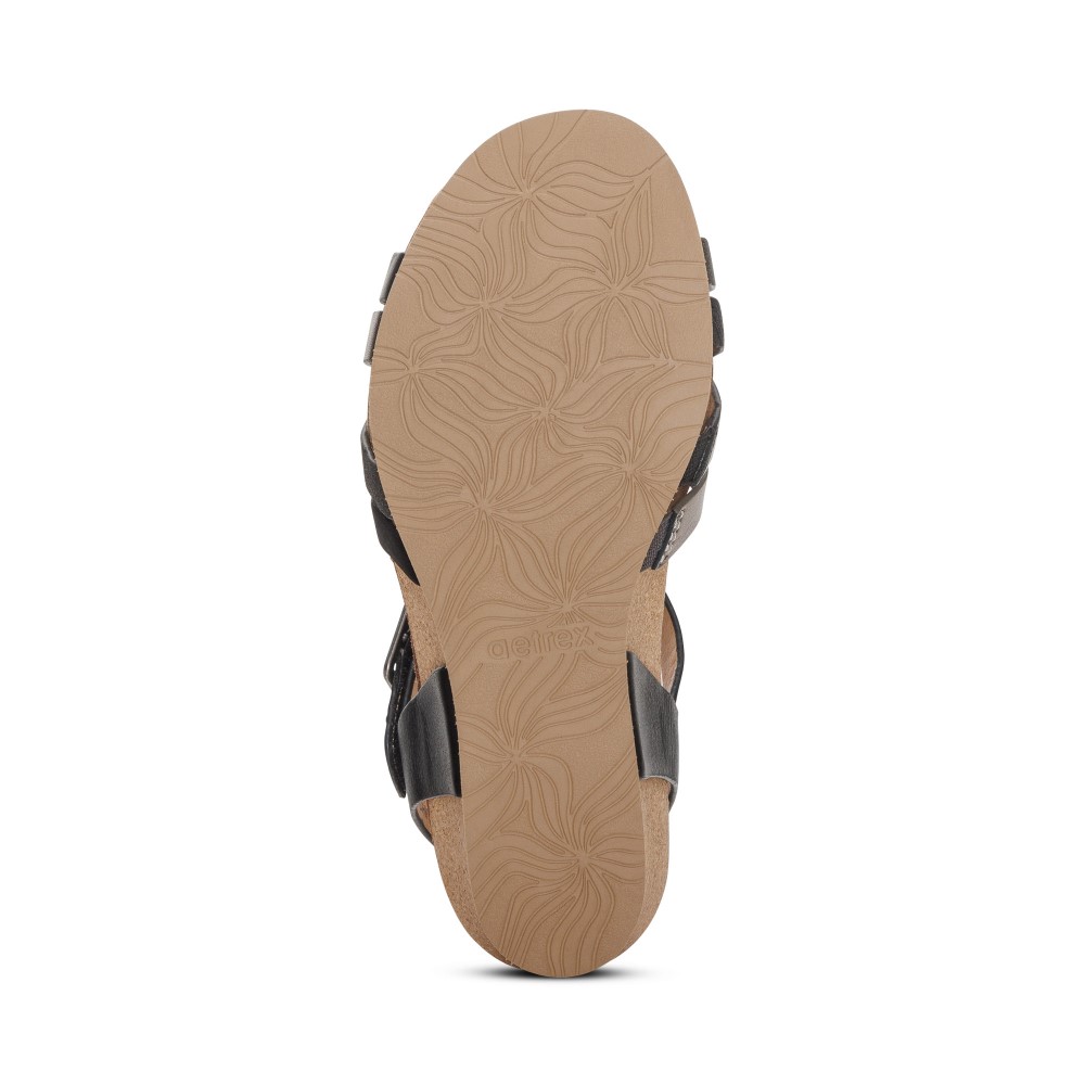 Sandal sức khoẻ nữ Aetrex Noelle Black - giày cao gót 5p đệm da, nâng vòm giảm đau chân