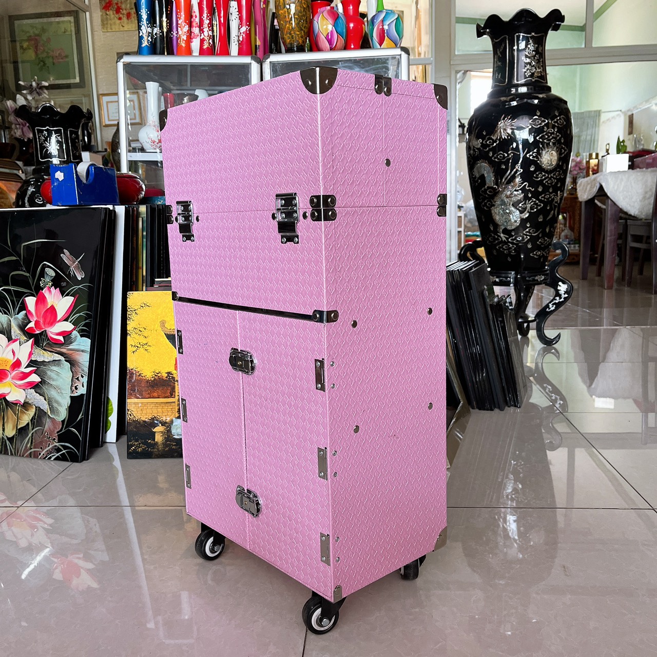 Cốp vali kéo nhiều ngăn đựng dụng cụ trang điểm, make up, phun xăm, nối mi, mỹ phẩm size 36x22x64 cm