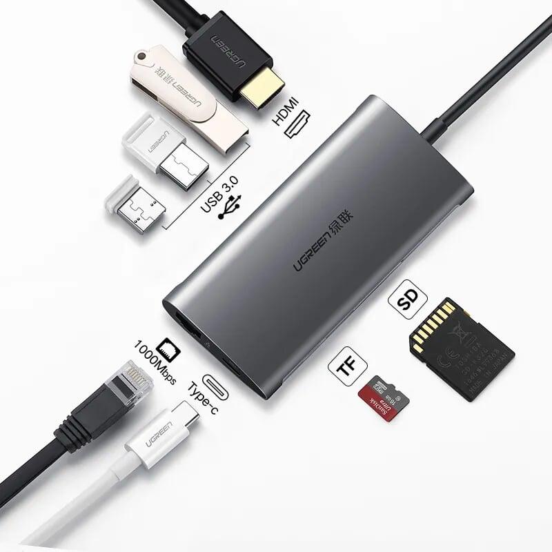 Ugreen UG50538CM121TK 15CM màu Xám Bộ chuyển đổi TYPE C sang 3 USB 3.0 + HDMI + LAN + TF SD + nguồn TYPE C vỏ nhôm - HÀNG CHÍNH HÃNG