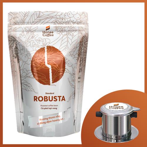 Combo Cà Phê Hạt Rang Robusta Honee Coffee 250g và Phin