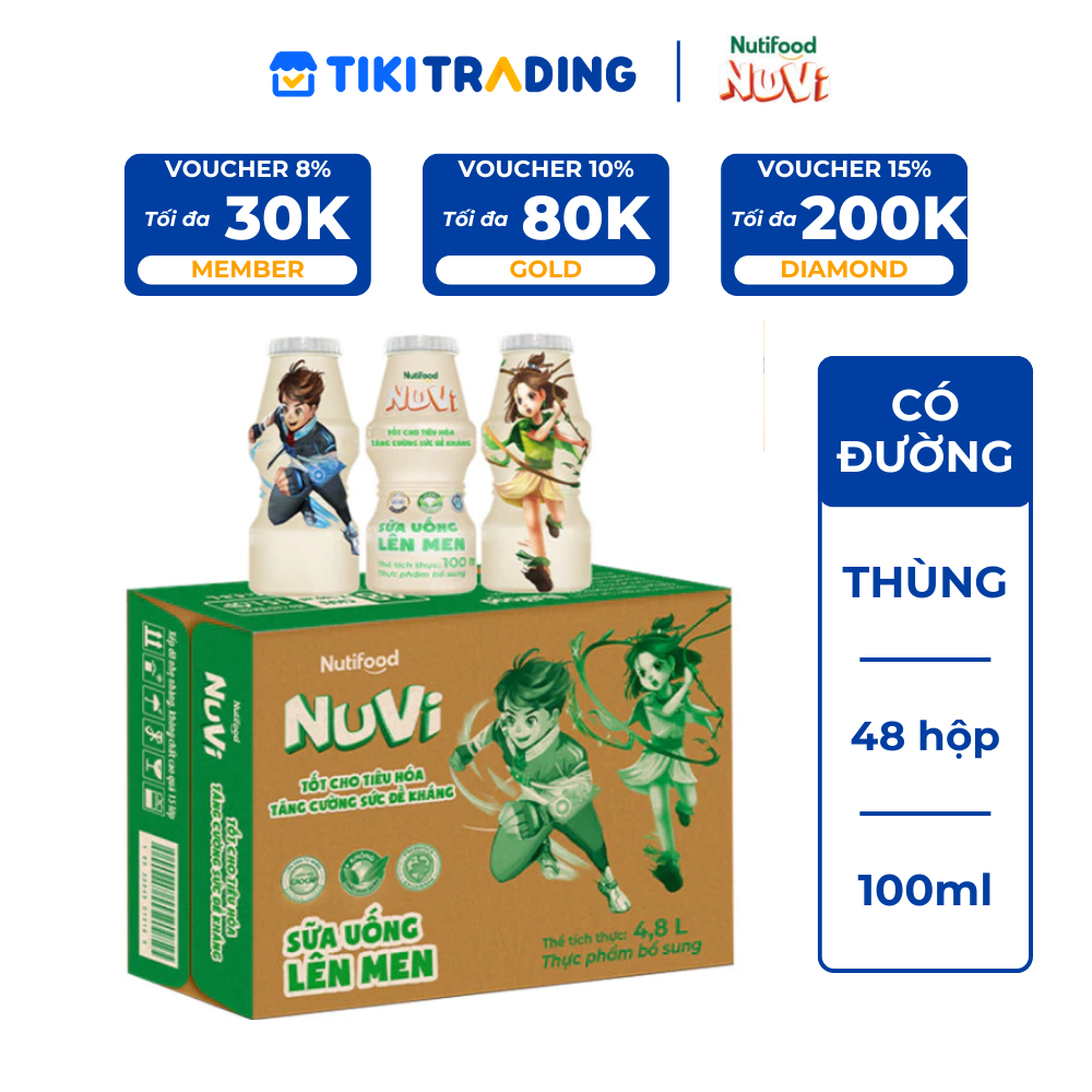 Thùng 48 hộp sữa uống lên men Nuvi Có Đường 100ml