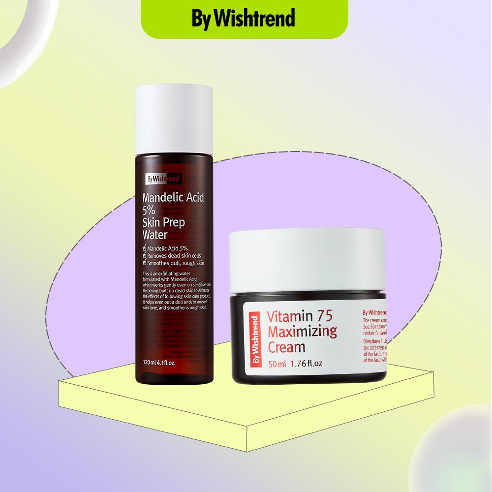 By Wishtrend kem dưỡng Vitamin 75 Maximizing Cream 50ml+Nước hoa hồng tẩy da chết Mandelic Acid 5% Skin Prep Water 120ml