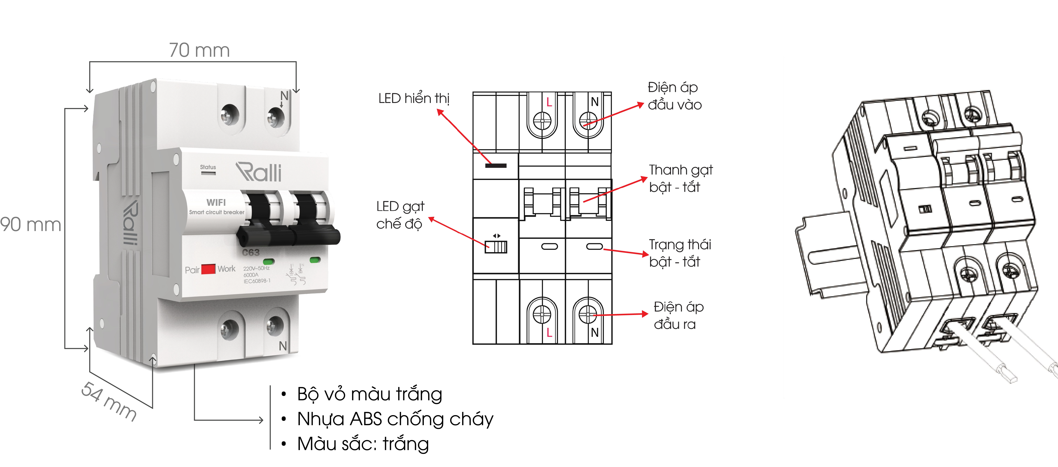 Aptomat thông minh WiFi Rạng Đông. Model: RD.MCB.WF 2P C63 Kết nối và điều khiển từ xa thông qua WIFI, Bảo vệ an toàn, Bảo vệ quá tải.