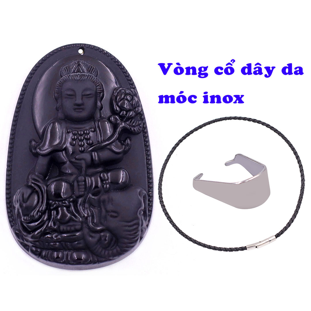 Mặt Phật Phổ hiền bồ tát đá thạch anh đen kèm vòng cổ dây cao da đen + móc inox trắng, mặt dây chuyền Phật bản mệnh, vòng cổ mặt Phật