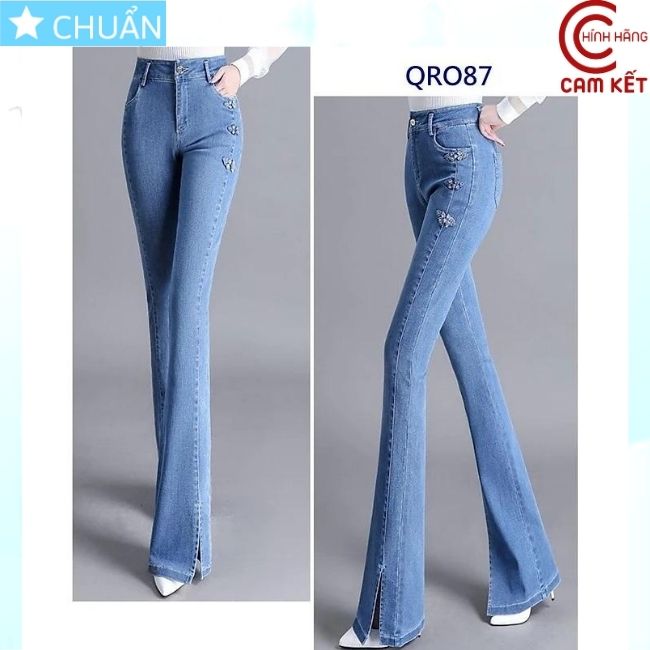 Quần jean nữ ống loe QRO87 ROSATA tại BCASHOP dáng dài, lưng cao, phom chuẩn nhấn 3 điểm bên hông, chất liệu jean cao cấp - màu xanh nhạt