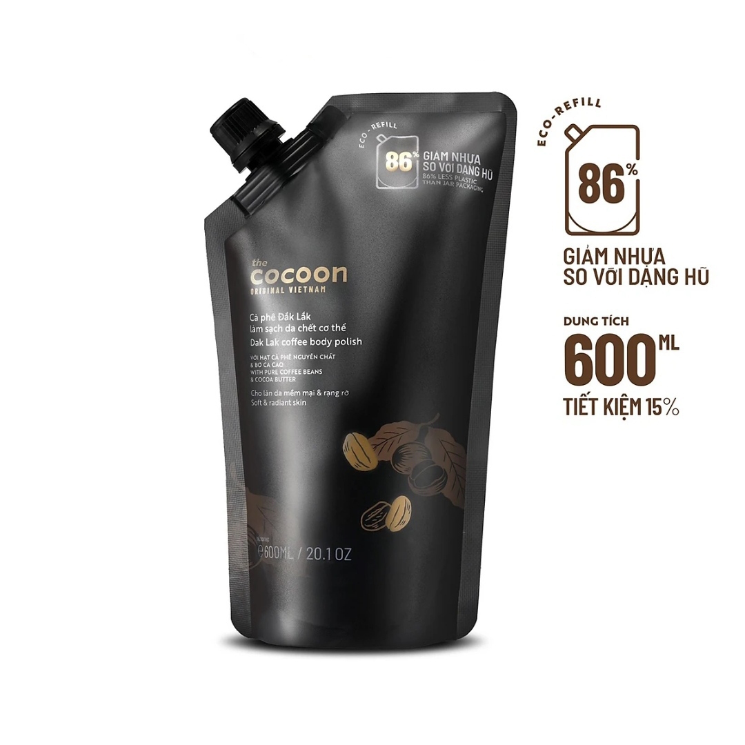Tẩy da chết cơ thể cà phê Đắk Lắk Cocoon 600ml cho làn da mềm mại và rạng rỡ Túi Refill Big size - Thanh Mộc Hà Tĩnh