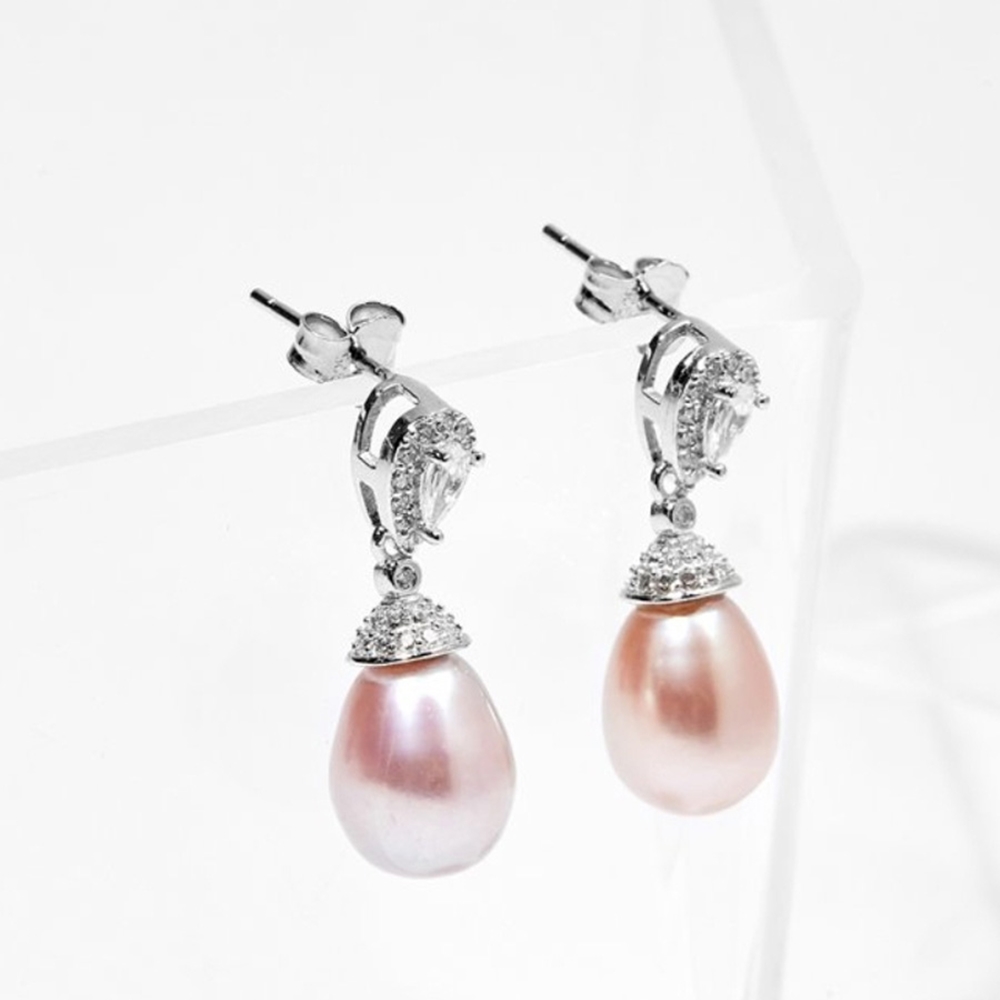 Hoa Tai Ngọc Trai Hồng Tím Giọt Lệ 12MM Bạc Ý