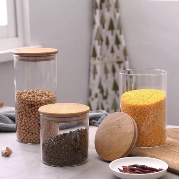 Set 3 Lọ chè thuỷ tinh nắp gỗ tre