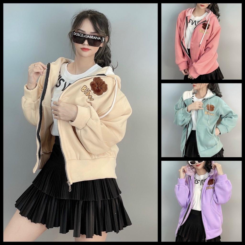 Áo khoác hoodie nữ nỉ ngoại có dây kéo thêu Biboo gấu - Form Nữ Unisex mặc siêu xinh