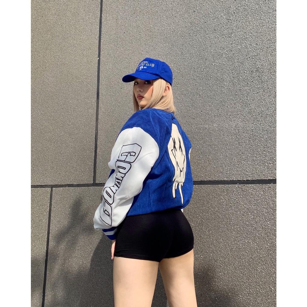 Áo Khóac Form Rộng Nhung Tăm Jacket Varsity FunFace Blue V13