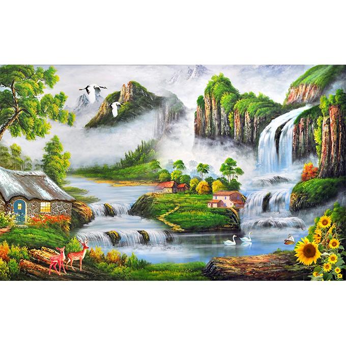 Tranh dán tường 3D thác nước vẽ sơn dầu - vải lụa phủ kim sa
