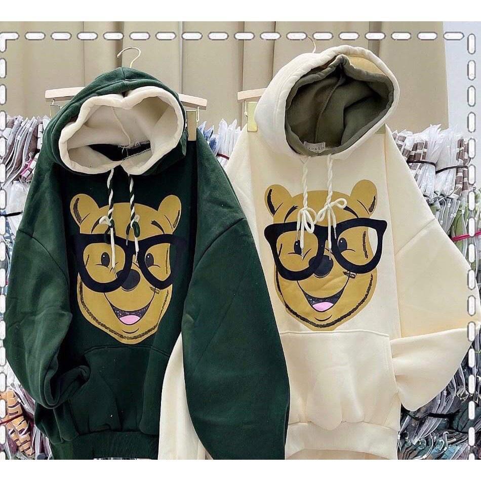 Áo Hoodie Nỉ Unisex Nam Nữ Gấu Đeo Kính Mũ 2 Lớp