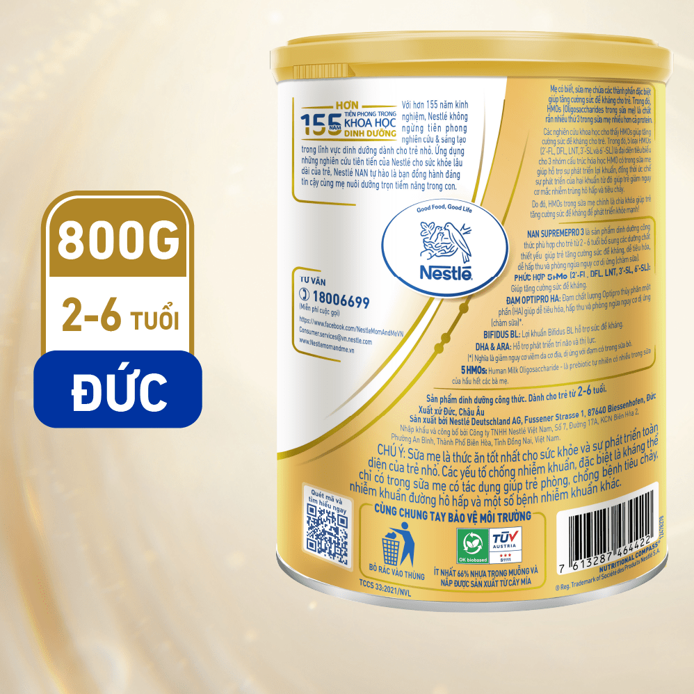 Bộ 2 Lon Sữa Bột Nestlé NAN SupremePro 3 với 5HMO giúp tăng đề kháng, đạm Gentle Optipro giúp dễ hấp thu &amp; ngừa nguy cơ dị ứng (chàm sữa) - SP nhập khẩu từ Đức (Dành cho trẻ từ 2-6 tuổi) -Tặng Gối ôm trái thơm
