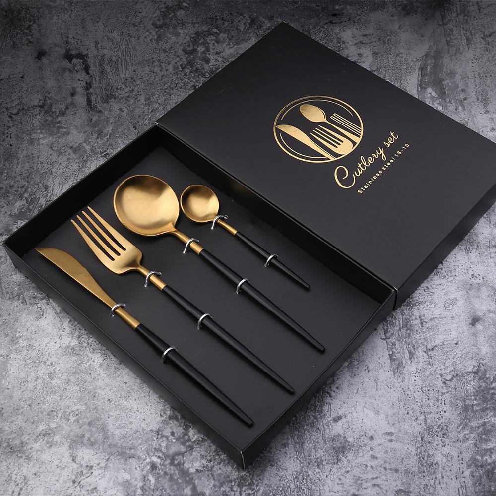 Sét 4 dụng cụ bàn ăn gồm dao, dĩa, muỗng ăn cho gia đình, nhà hàng bằng inox mạ màu phong cách châu Âu sang trọng hiện đại