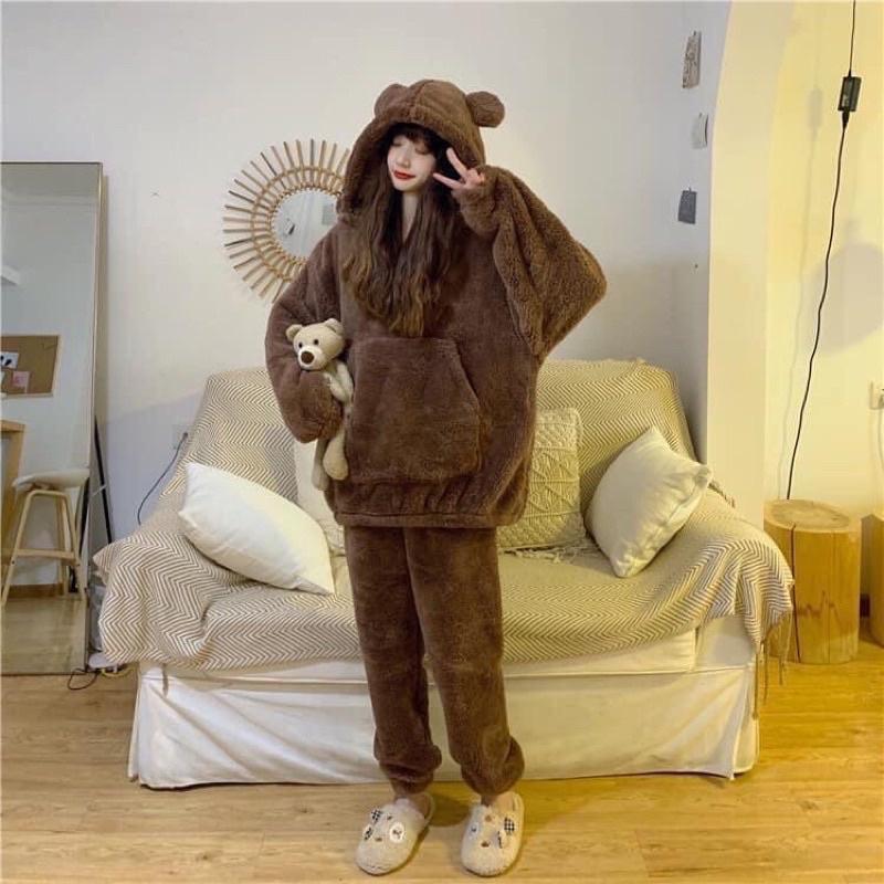 Bộ ngủ lông gấu hoodie chất lông mềm mượt, sét bộ đồ nữ unisex