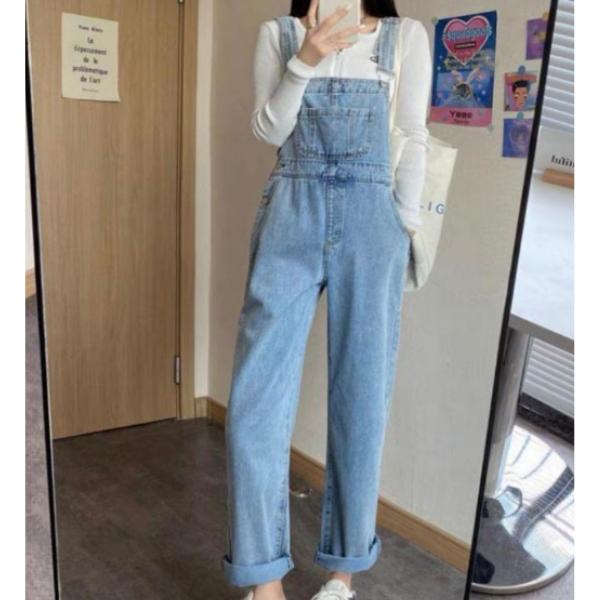 Quần yếm nữ jean ống rộng dáng suông hai dây TEEN Fashion phong cách Hàn Quốc - xanh nhạt, xanh nhạt