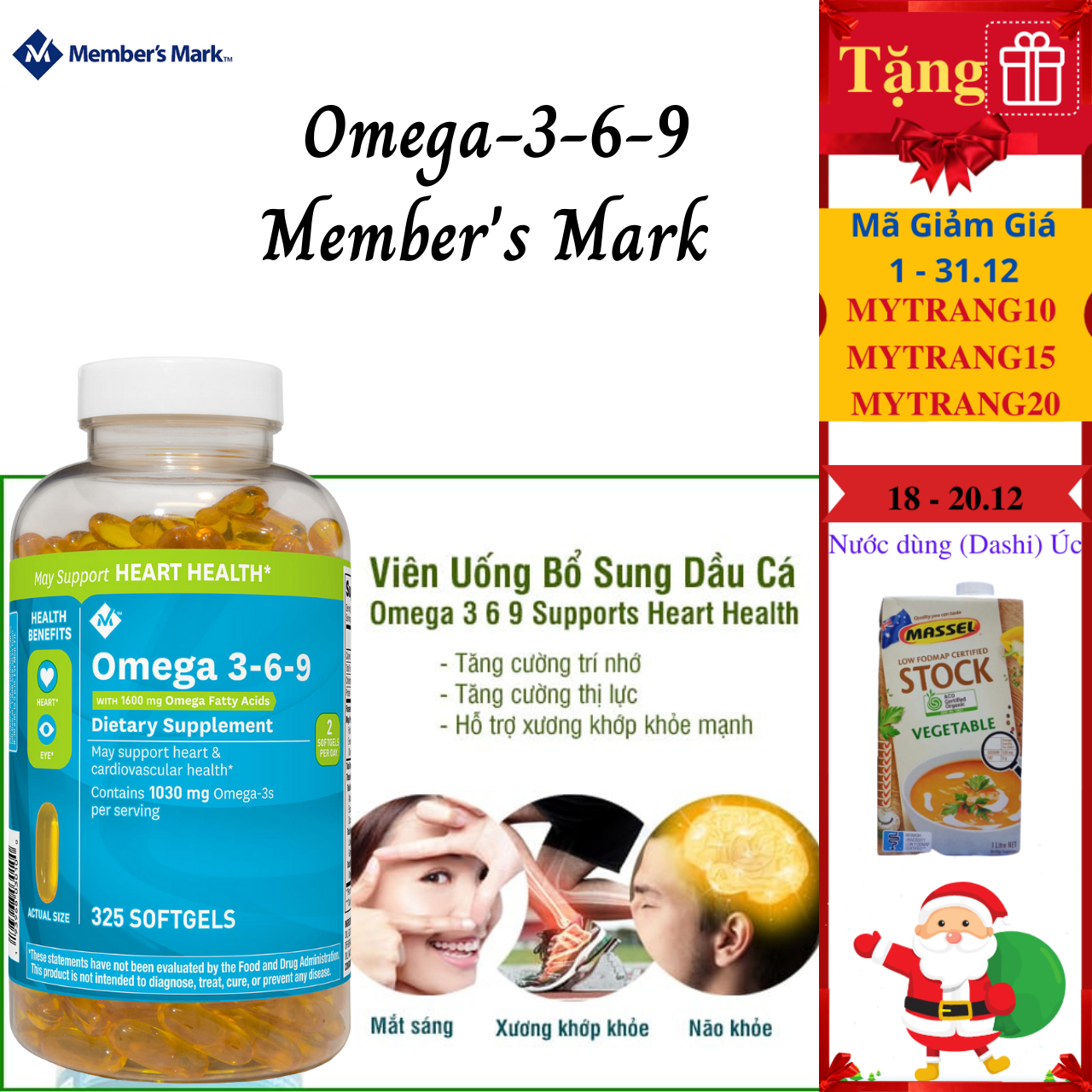 Dầu Cá Omega 369 Member’s Mark Supports Heart Health Mỹ tăng sức khỏe cho tim, não, khớp, mắt và cải thiện da khô - Massel Official-325viên/hộp