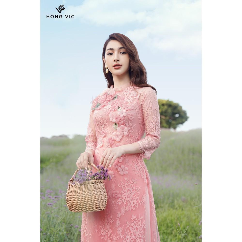 Áo dài kiểu nữ thiết kế Hongvic ren hồng đào cổ bèo AD11